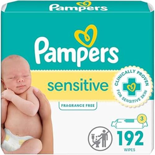 Pampers Sensitive Baby Wipes, Water Based, Hypoallergenic and Unscented, 3 Refill Packs (192 Wipes Total) (Packaging May Vary)