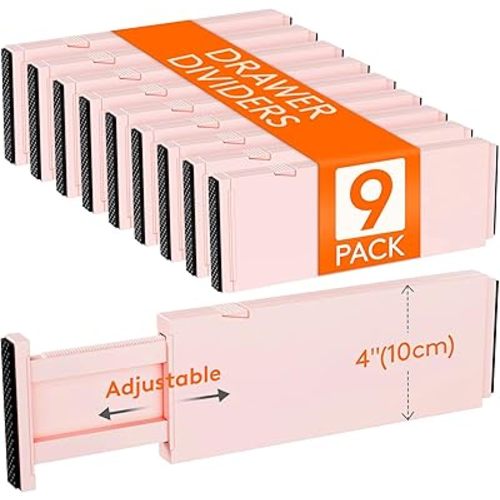 Lifewit 9 Pack Drawer Dividers 4" High, 11-17" Adjustable Drawer Organizers for Clothes, Expandable Dresser Separators in Bedroom/Bathroom/Kitchen/Fridge/Office Organization and Storage, Pink
