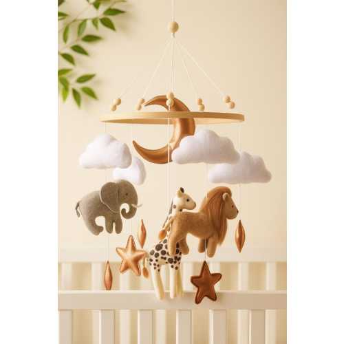 Safari Nursery Mobile – Felt Animals, Moon & Clouds