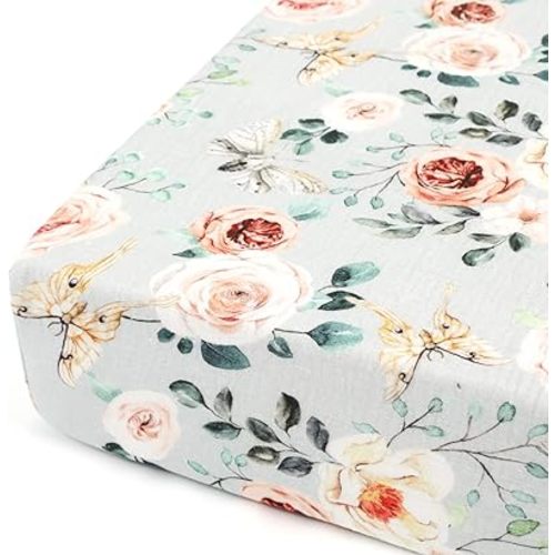 GRSSDER Soft Muslin Crib Sheet 1 Pack, 100% Cotton Crib Sheets for Boys and Girls, Fit Standard Crib Mattresses 52" x 28" Safe and Snug, Stylish Butterfly Print