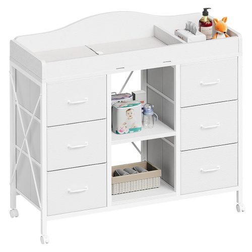 Changing Table, 6-Drawer Baby Dresser with Changing Table top, Waterproof Diaper Changing Station & Pad, 2 Height-Adjustable Open Storage Shelves, Mobile Nursery Organizer, White
