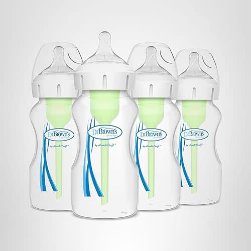 Dr. Brown's Natural Flow Anti-Colic Options+ Wide-Neck Baby Bottles 9 oz/270 mL,with Level 1 Slow Flow Nipple,4 Count,0m+