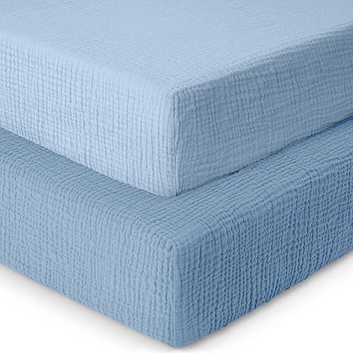 Cotton Crib Sheets Fitted,Soft Baby Crib Sheet,Girls,Boys,2 Pack,100% Muslin Crib Sheets Fitted for Standard Crib Mattress,Crib Sheet,52x28 Crib Mattress Sheets | Blue and Light Blue
