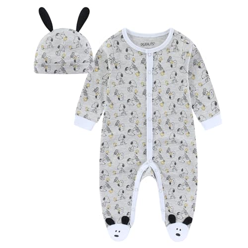 Peanuts Snoopy Boys Coverall Footed Romper and Hat Set for Newborn and Infants