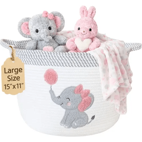 Elephant Storage Basket for Nursery – Large 15”x11” Cotton Rope Bin with Soft Felt Elephant Patch – Toy Organizer, Baby Laundry Hamper, Diaper & Towel Holder – Foldable, Washable & Baby-Safe