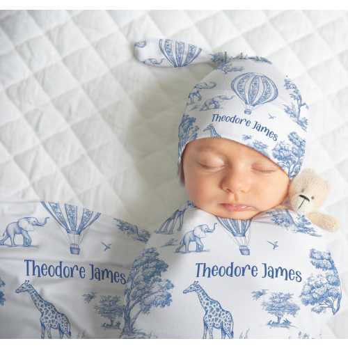 BLUE SAFARI TOILE Swaddle Blanket, Baby Boy Safari Swaddle Blanket Hat Set, Baby Boy Gift, Blue Swaddle Blanket, Safari Animals Baby Gift