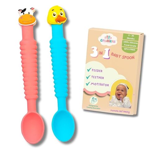 3-in-1 Silicone Baby Spoon Self Feeding 6+ Months - Pediatric OT Designed Teether Spoon, BPA Free Toddler Utensils, Mess-Free, Fun for Baby Led Weaning Supplies, Cow & Duck