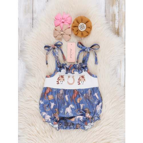 Steel Blue Horse Embroidered Ruffle Bubble