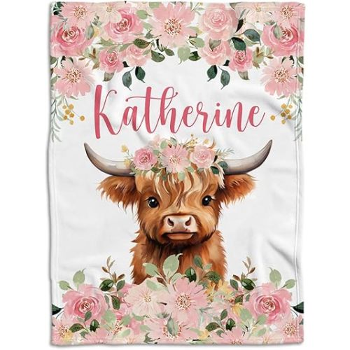 Highland Cow Baby Blanket for Girls, Highland Cow Baby Stuff, Personalized Baby Girl Blankets with Name, Pink Flowers Baby Blankets, Baby Cow Blankets, Custom