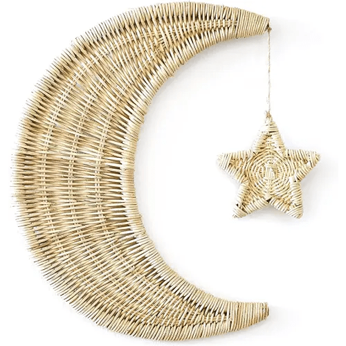 BEBE BASK Handmade Rattan Moon Wall Décor with Star - Moon Decor - 100% Natural Organic Rattan Moon Decor for The Boho Nursery Décor - Moon and Stars Nursery Décor - Stars and Moon Nursery Décor