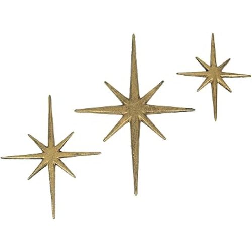 Set of 3 Starburst Wall Sculptures, Gold 8-Point Stars, Up to 12 Inch