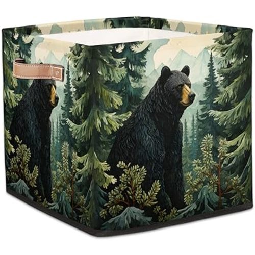 Black Bear Forest Wild Animals Cube Storage Bin, 13 Inch Collapsible Fabric Storage Cube Bin, Foldable Cube Baskets for Shelf, Closet, Organizer