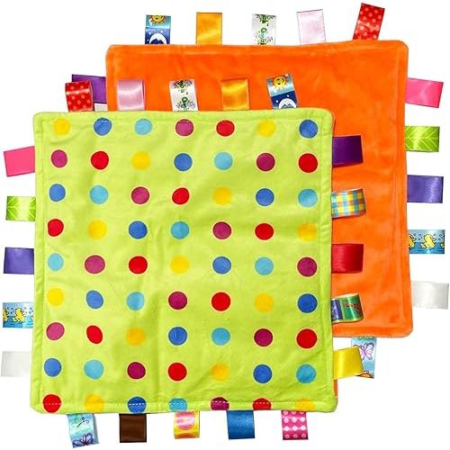 1 PC Soft Baby Tag Blanket,10.4x10.4INCH Cute Taggy Security Blanket, Colorful Label Blanket Gift for Baby(Colorful Dots)