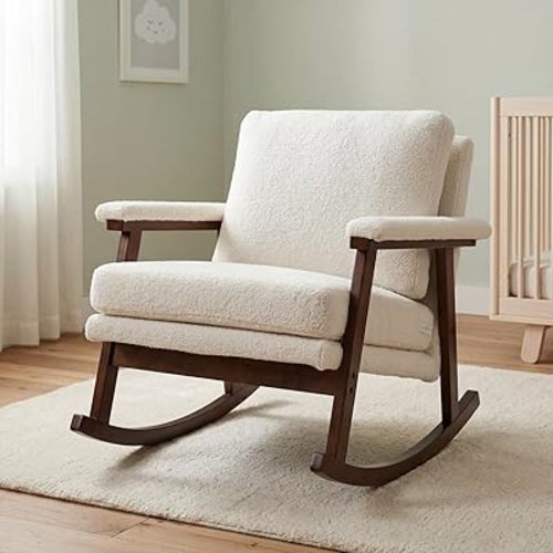Nursery Rocking Chair, Compact Upholstered Rocker with Solid Wood Legs, Cozy Nursing Glider Chair for Mom, Small Space Chair for Nursery, Bedroom，White