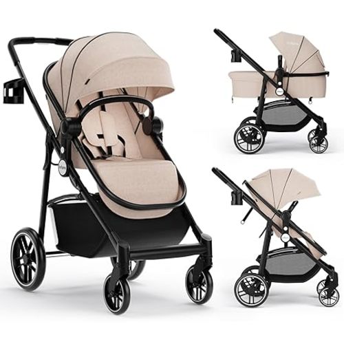 INFANS Baby Stroller, 2 in 1 Convertible Infant Bassinet with Reversible Seat Adjustable UPF 50+ Canopy, One-hand Fold Pushchair for Newborn 0-36 Months