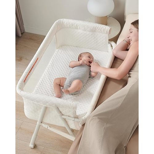 Bassinet Bedside Sleeper, Baby Crib for Newborn, Baby Bassinets Bedside Sleeper with 4 Auto-Lock & Adjustable Height, Breathable Mesh & Mattress, Bedside Bassinet