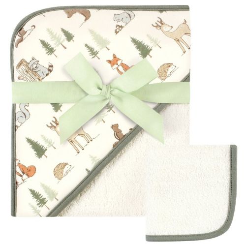 Hudson Baby Infant Boy Cotton Hooded Towel And Washcloth, Forest Animals, One Size