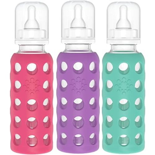 Lifefactory Glass Baby Bottles with Silicone Protection - 3-Pack, 9 Ounce Bottles, (1- Raspberry, 1- Grape & 1- Kale)