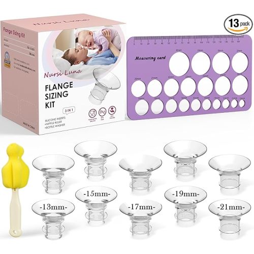 Flange Sizing Kit 3 in 1 Ultimate with 10PCS Flange Inserts 13/15/17/19/21mm, Nipple Ruler, Cleaning Brush, Silicone Flange Insert Kit for 24mm Most Pumps, Pumping Breastfeeding Essentials - 10PCS 13/15/17/19/21mm - Purple