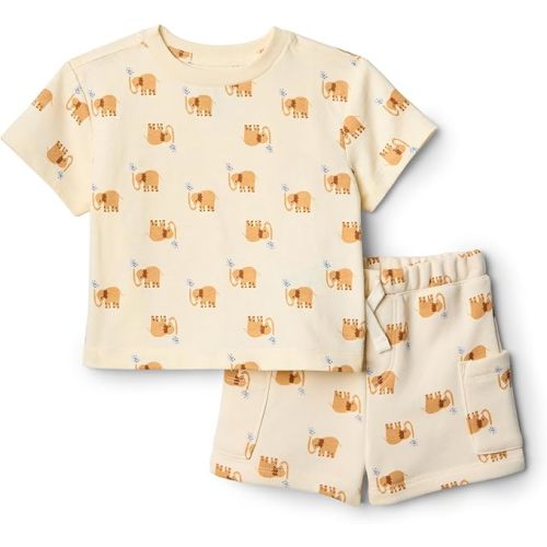 Amazon Essentials x Sofia Grainge Baby Boys' T-Shirt and Short Play Set, Ivory Elephants, 6-9 Months