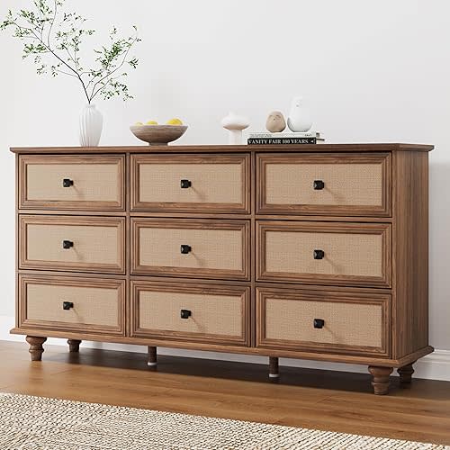 ORRD 9 Drawer Dresser for Bedroom, Mid Century Modern Wide Wood Rustic Chest of Drawers Wooden Storage Organizer Dressers with Burlap Rattan Drawers for Living Room, Hallway Closet, Entryway, Walnut