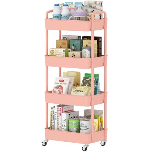 Sywhitta 4-Tier Plastic Rolling Utility Cart with Handle, Multi-Functional Storage Trolley for Office, Living Room, Kitchen, Movable Storage Organizer with Wheels, Pink