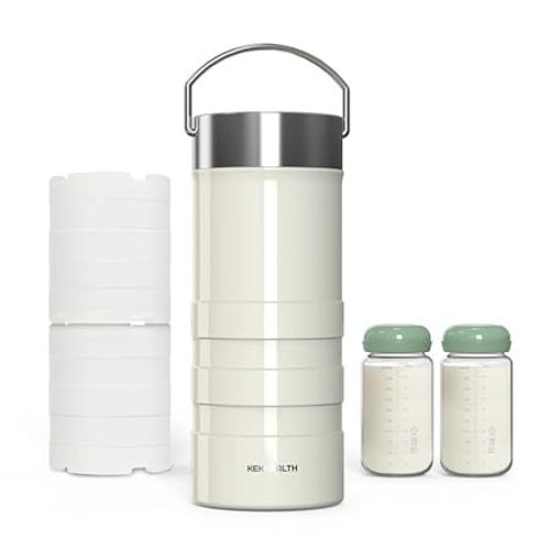 22oz Full-Day Cold-Chain Breastmilk Cooler, Double-Wall Vacuum Stainless Steel with 360° Cooling, Keeps Milk ≤50°F for 24 Hours, Leak-Proof BPA-Free, Easy to Clean, Includes 2 Bottles