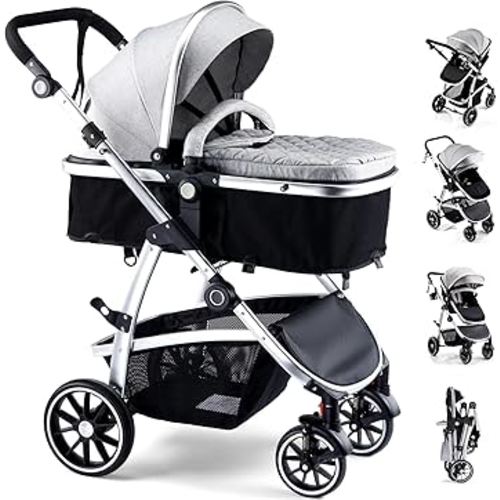 Baby Stroller, 2-in-1 Reversible Toddler Seat with Basket Mode, Foldable Infant Stroller with Canopy, One Button Brake, Adjustable Handle, Newborn Pushchair (Gray)