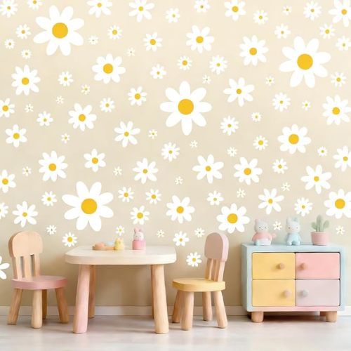 Daisy Wall Decal, 8 Sheets 96Pcs Daisy Flower Wall Stickers Peel and Stick White Flower Decals for Nursery Bedroom Home Wall Art Decorations