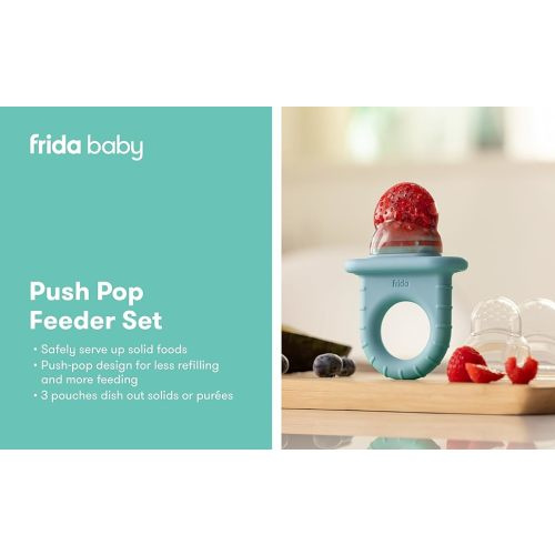 Frida Baby Push Pop Feeder, Baby Fruit Feeder, Baby Fruit Food Pacifier to Safely Introduce New Foods, Fresh + Frozen Food Silicone Feeder for Babies, BPA Free,Dishwasher Safe - 3ct tip - Frida Blue