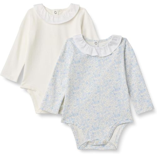Amazon Essentials x Sofia Grainge Baby Girls' Long Sleeve Ruffle Collar Bodysuit, Pack of 2, Blooms/Ivory, 6-9 Months