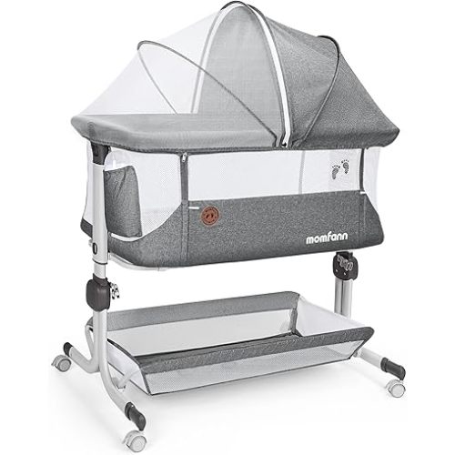 Baby Bassinet Bedside Sleeper, Upgraded Stability Bedside Crib with Full Mesh Sides, Soft Sheet, 6-Height Adjustment, Storage Basket, Easy Folding Portable Bassinet for Newborns, Gray