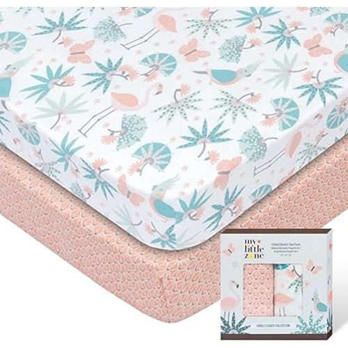100% Cotton Crib Fitted Sheets for Baby Girls, Flamingo - Breathable Toddler Bed Sheet Set - Jungle Leaves, 28x52 with 8" Deep Pocket, White-Pink, 2 Pack