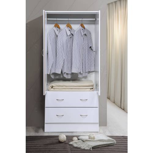 Hodedah Two Door Wardrobe with Two Drawers and Hanging Rod, White