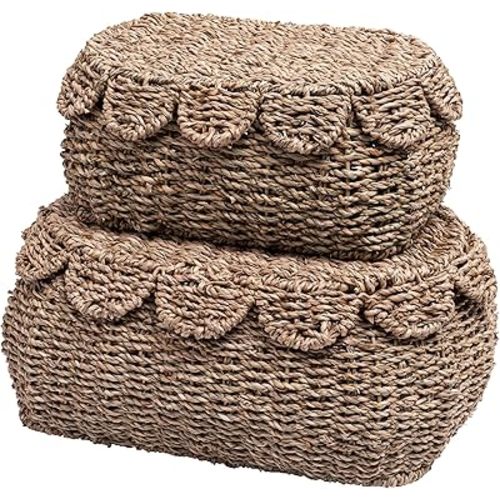 Set of 2 Hand Round Wicker Storage Baskets, Rattan Basket Decorative Boxes, Woven Storage Box Seagrass Baskets with Lids, Scalloped Edge Wicker Basket with Lid