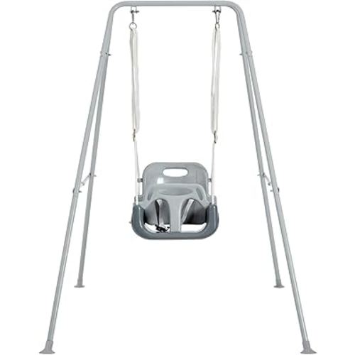 FUNLIO 3-in-1 Toddler Swing Set with 4 Sandbags, Indoor/Outdoor Baby Swing with Foldable Metal Stand, Kids Swing Set for Backyard, Clear Instructions, Easy to Assemble & Store, Grey