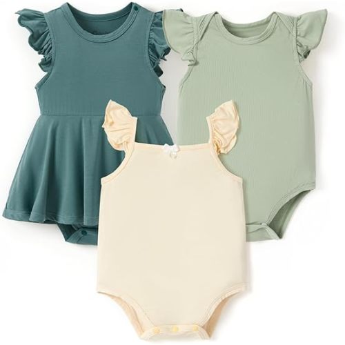 PATPAT Baby Girl Bodysuits - Soft Bamboo Viscose - Flutter Sleeves Cute Dress - Newborn Infant Summer Clothes - 3 Pack