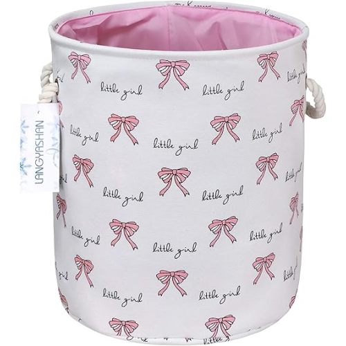 LANGYASHAN Laundry Basket Canvas Collapsible Organizer Storage Basket for Boys Girls Laundry Hamper Toy Bins Gift Baskets Bedroom Clothes Children Nursery (Bowknot)