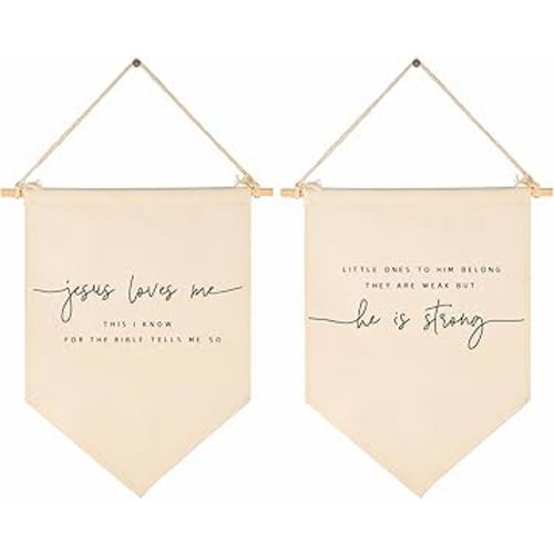 Jesus Loves Me-Scripture Flag Sign Gifts for Baby Newborn Boys Girls Kids-Christian Bible Verses,Canvas Hanging Banner Wall Gifts for Nursery Baby Room Playroom Front Door-for This Child-Set of 2