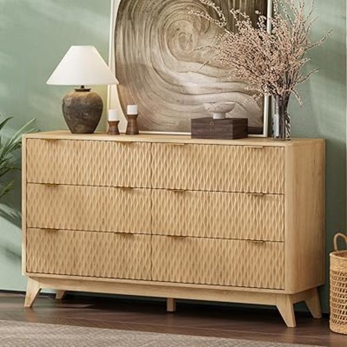 Diamond-Fluted 6 Drawers Dresser, Modern Dressers & Chests of Drawers, 54" Wide Light Wood Dresser for Bedroom, Storage Cabinet Organizer for Hallway(Natural Oak)