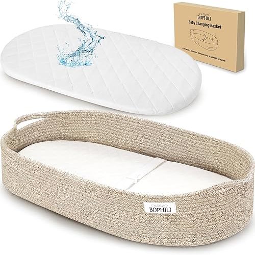 Baby Changing Basket w/Foldable Baby Changing Pad and Waterpoof Cover, Premium Handmade Cotton Rope Reinforced Moses Baskets Changing Table Topper, Built-in Security Strap (Warm Brown)