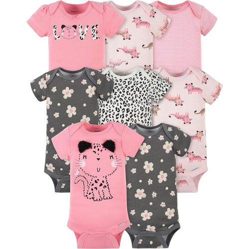 Gerber Baby-Girls 8-Pack Short Sleeve Onesies Bodysuits - 0-3 Months - Leopard Pink
