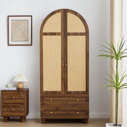 PHOYAL Modern 31.49" Arch Armoire Wardrobe with 2 Rattan Doors, Freestanding Closet Cabinet with 2 Drawers and Hanging Rail for Bedroom, Walnut