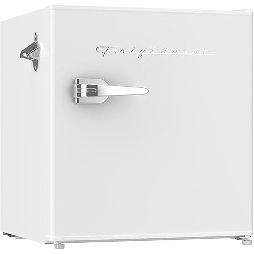 Frigidaire Retro Compact Fridge with Chiller, Countertop, Built-In Bottle Opener, Compact Refrigerator 1.6 cu ft, Mini Fridge for Office, Bedroom, Dorm Room or Cabin - 16" D x 18" W x 18.5" H (White)