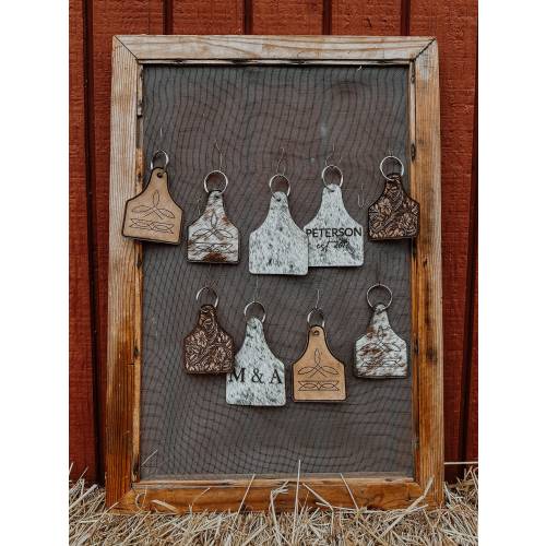 Leather and cowhide cowtag key chains - LASER ENGRAVED