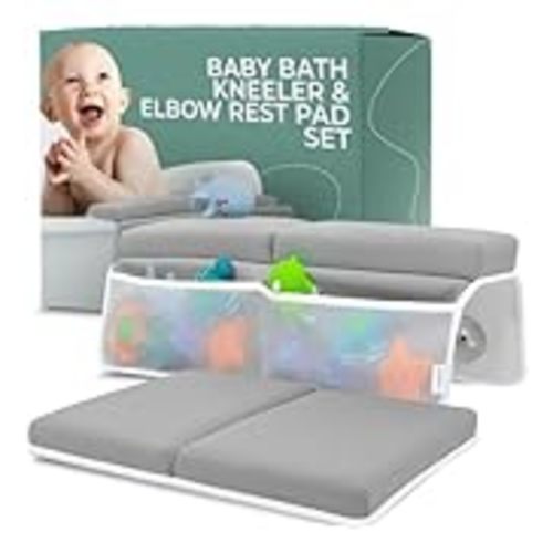 Comfortable Baby Bath Kneeler and Elbow Rest Pad Set - Thickest Bathtub Kneeler Pad with Memory Foam and Bath Toys Organizer - Bath Kneeling Pad- Relieve your Knees and Elbows (Grey) - Standard