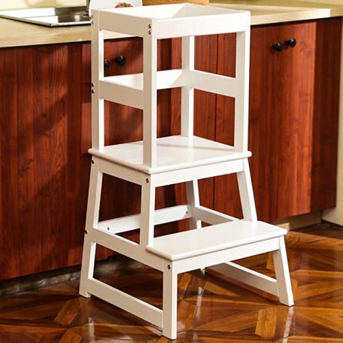 Kids Kitchen Step Stool with Safety Rail,Wooden Toddler Standing Tower for Kitchen Counter, Kids Montessori Stool, Solid Wood Construction,White - White New