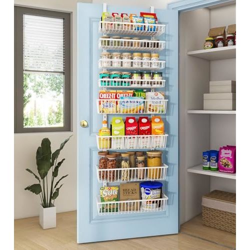 Mefirt Over The Door Pantry Organizer, Pantry Organization and Storage, 8-Tier Deep Baskets Hanging Heavy-Duty Metal, Wall Spice Rack Seasoning Shelves for Home & Kitchen, Laundry Room Bathroom, White