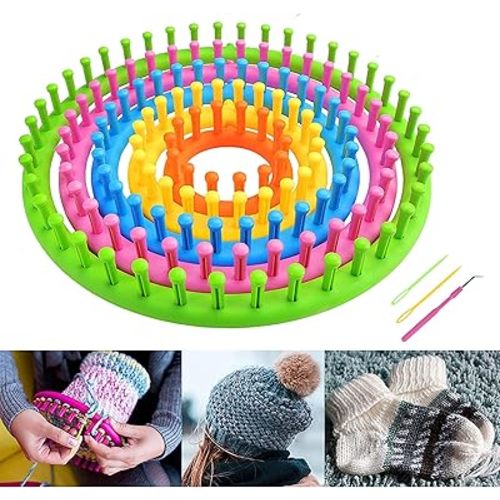 JAMIT Round Knitting Looms Set Craft Kit DIY Tool with Hook Needle, Set of 5 Plastic Looms Knitting for Hat Scarf Shawl Sweater Sock and Blankets