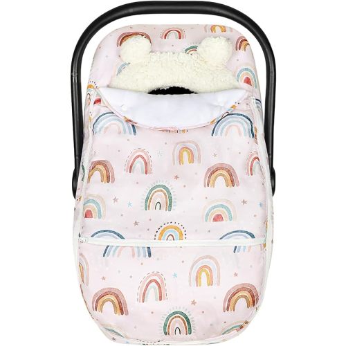 Winter Car Seat Cover Baby Girl Boy, Warm & Windproof Infant Carseat Cover Canopy Protect Baby from Cold Weather, Plush Fleece, Pink Rainbow